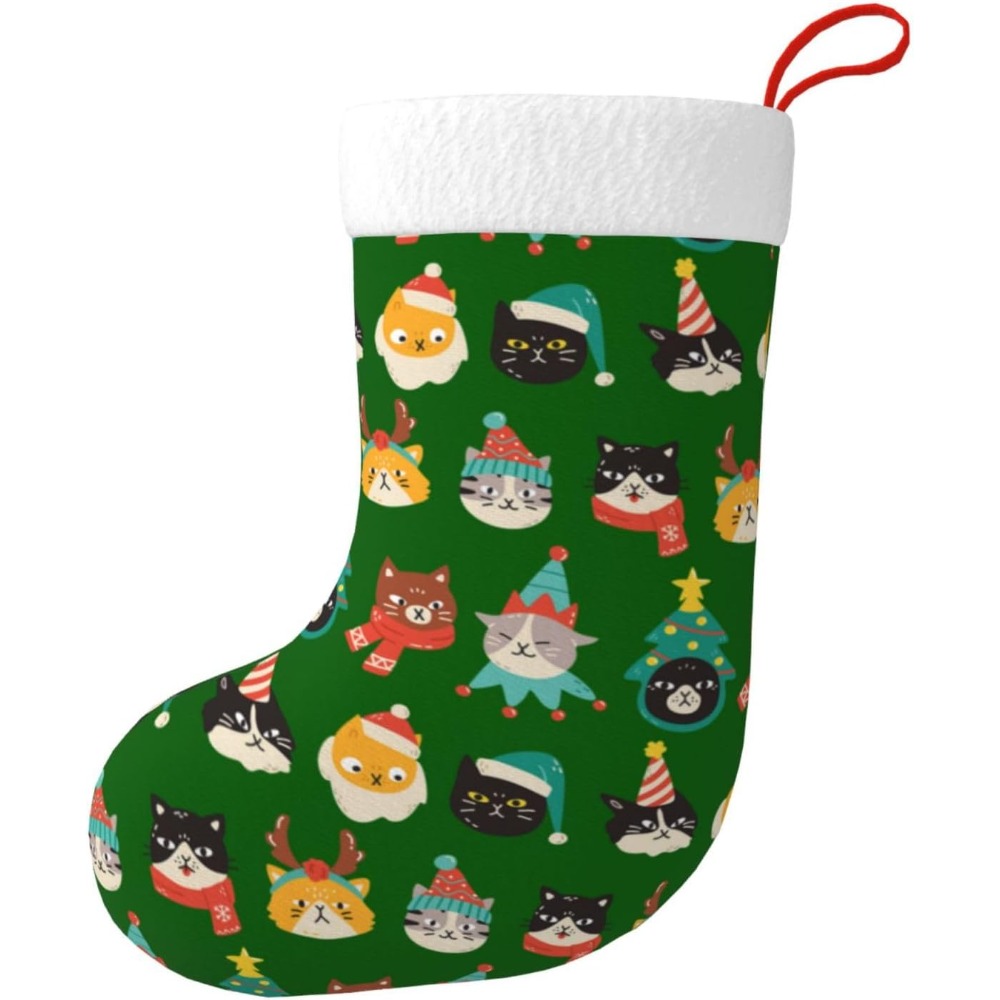Christmas Stocking Hanging - Sevimli Kediler Yeşil Noel Çorapları Şömine